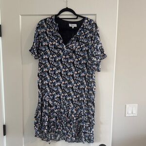 Reiss Black Floral V-Neck Dress with Blue & White Blooms